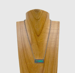 16 Inches
Silver Metal Chain with Rectangle Green Turquoise
Stone Pendant Necklace
