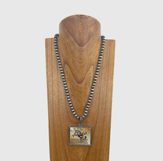 32 Inches
8mm Silver Navajo Pearl
Beads with Rectangle Western
Pendent Necklace