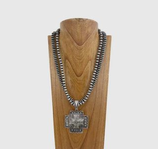 23
Inches Double Silver Navajo
Pearl Beads with Silver Metal cross necklace