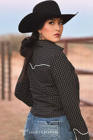 Black Plaid Western Yoke Contrast Pipping Arrow Shirt: L