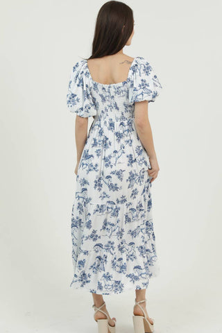 PUFF SLEEVE HORSE PRINT SMOCKED BODICE MIDI DRESS