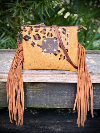 Upcycled LV Leopard Print Cowhide Leather Fringe Crossbody 