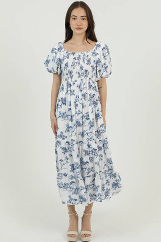 PUFF SLEEVE HORSE PRINT SMOCKED BODICE MIDI DRESS