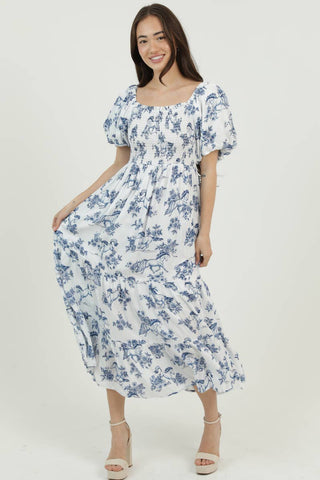 PUFF SLEEVE HORSE PRINT SMOCKED BODICE MIDI DRESS