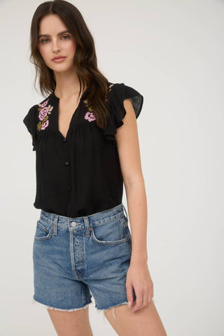 Floral Embroidery Button Down Short Sleeve Top – Black