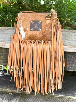 Upcycled LV Cowhide Leather Fringe Crossbody Bag Western