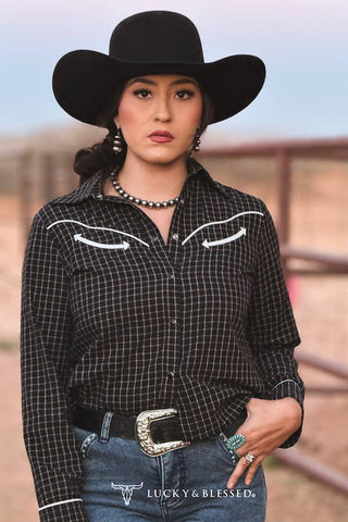 Black Plaid Western Yoke Contrast Pipping Arrow Shirt: M