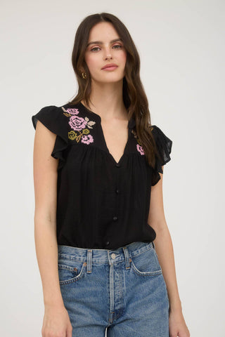 Floral Embroidery Button Down Short Sleeve Top – Black