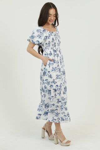 PUFF SLEEVE HORSE PRINT SMOCKED BODICE MIDI DRESS