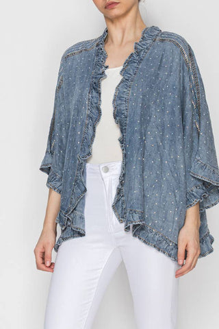 Ruffle-Trim Crystal Kimono Denim Jacket- OLS-4975SW DENIM: SW DENIM / L