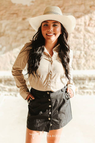 Beige Plaid Arrow Western Long Sleeve Pearl Snap Top: M