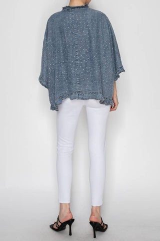 Ruffle-Trim Crystal Kimono Denim Jacket- OLS-4975SW DENIM: SW DENIM / S