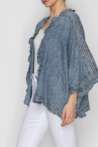Ruffle-Trim Crystal Kimono Denim Jacket- OLS-4975SW DENIM: SW DENIM / S
